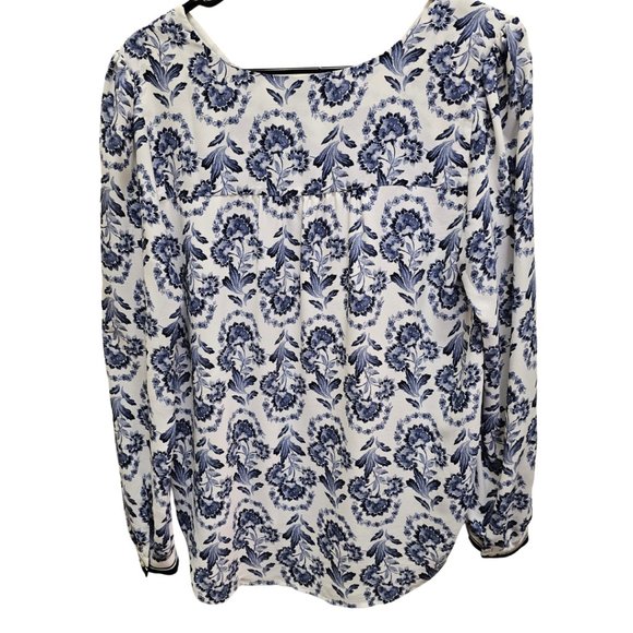 Loft Blue and White Floral Print Long Sleeve Blouse - Picture 2 of 3